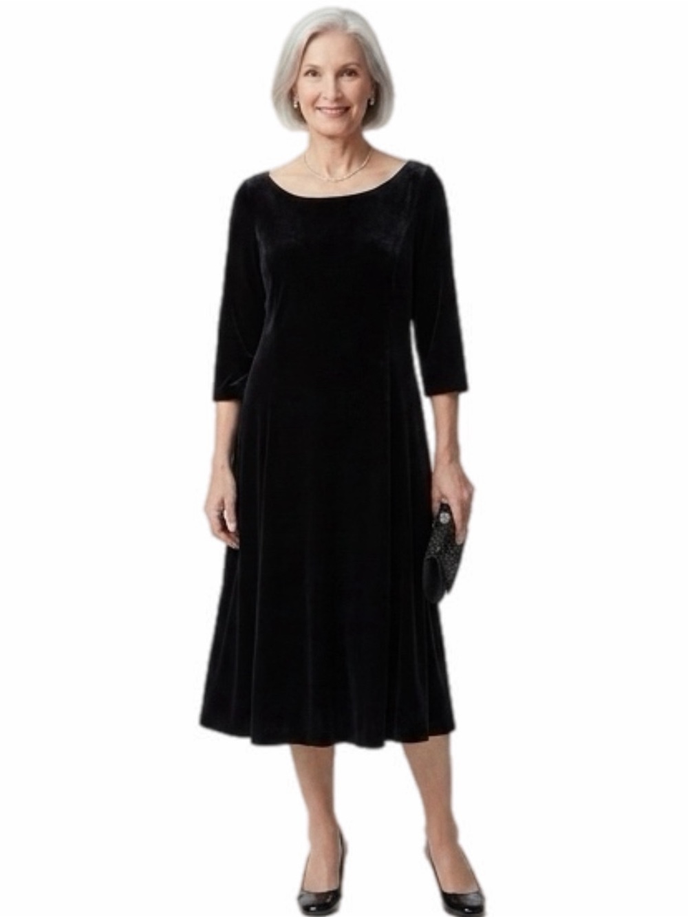 EILEEN FISHER black velvet oversized A-line 3/4 sleeve dress Machine Wash Small